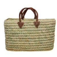 Mala retangular, rendada, em palma natural, asa em couro castanho, tam. Grd.