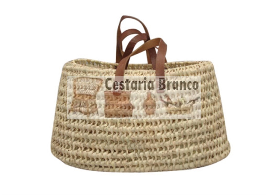 Mala oval, rendada, em palma natural, asa em couro castanho, tam. Peq.